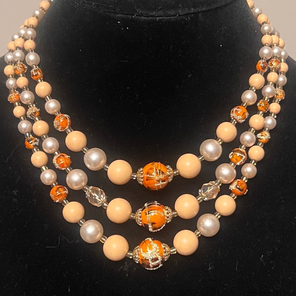 Vintage 3 Strand Orange Cream Faux Pearl Beaded Statement Necklace